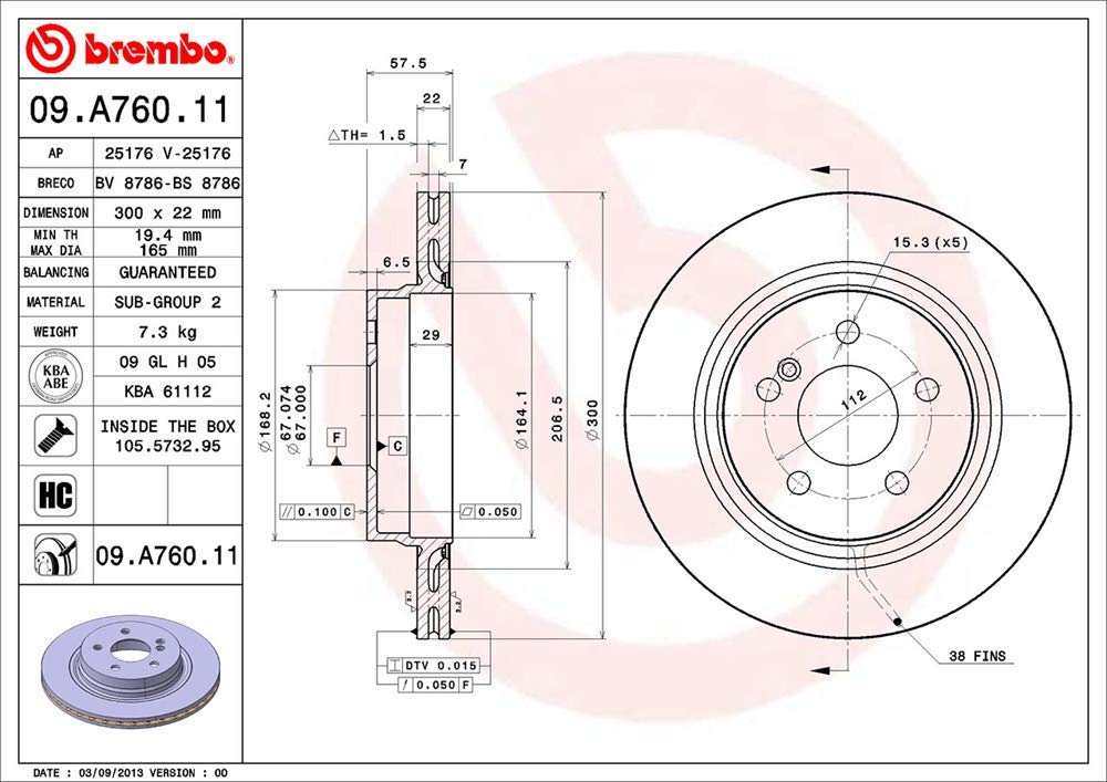 BREMBO 09A76011C02 Brembo 09.A760.11 UV Coated vented Rear Brake Rotor MERCEDES-BENZ/MERCEDES-BENZ (BBDC) OE# A0004231212