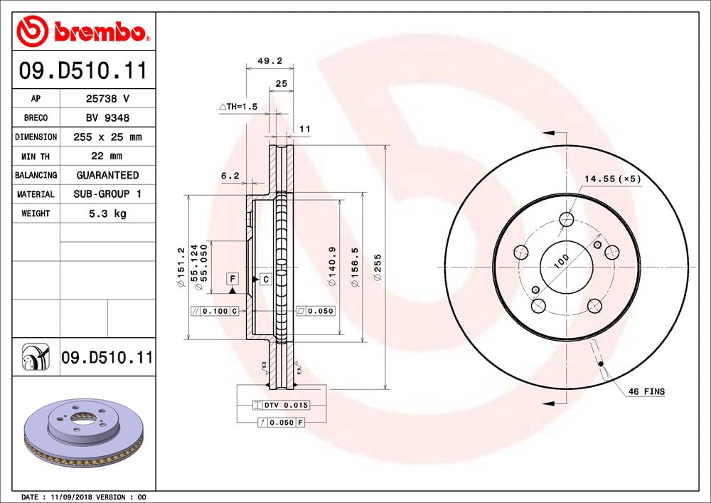BREMBO 09D51011C02 Brembo 09.D510.11 UV Coated vented Front Brake Rotor TOYOTA OE# 4351247060