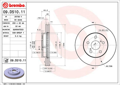 BREMBO 09D51011C02 Brembo 09.D510.11 UV Coated vented Front Brake Rotor TOYOTA OE# 4351247060