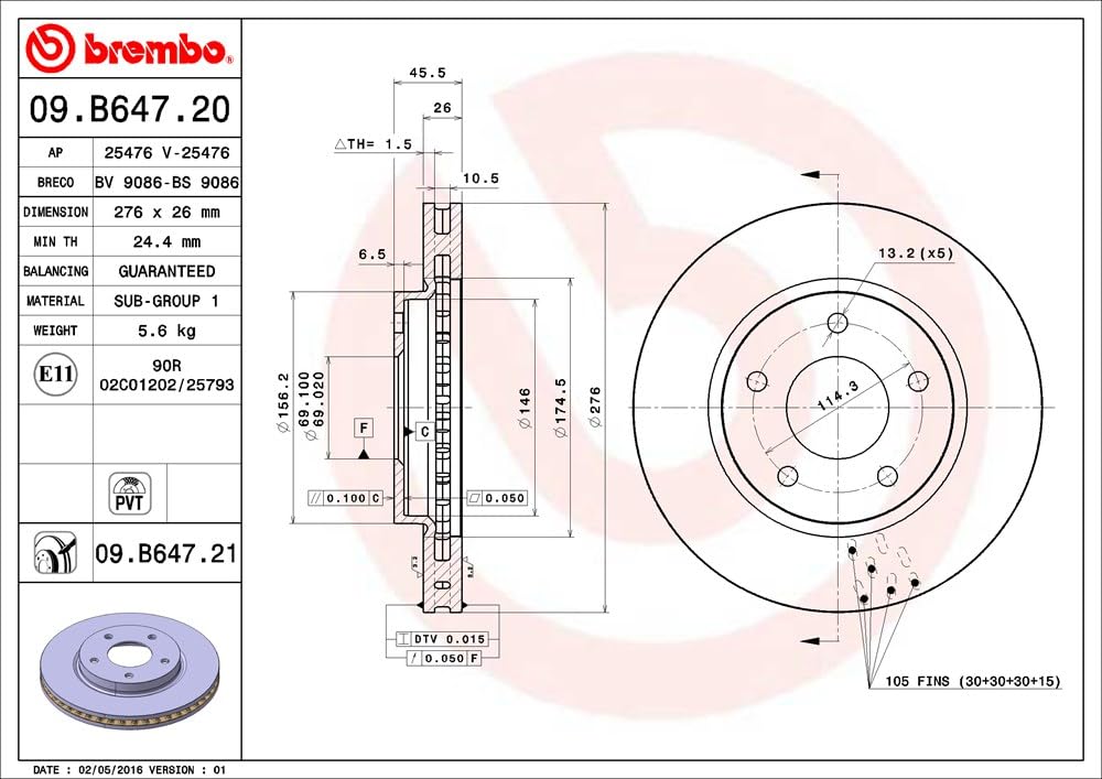 BREMBO 09B64721C02 Brembo 09.B647.21 UV Coated Pillar Vented Front Brake Rotor DODGE OE# 5105513AA
