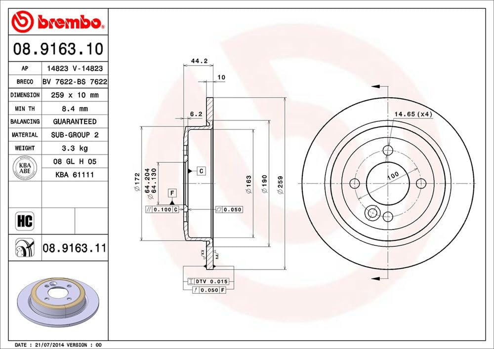 BREMBO 08916311C02 Brembo 08.9163.11 UV Coated solid Rear Brake Rotor MINI OE# 34211503070