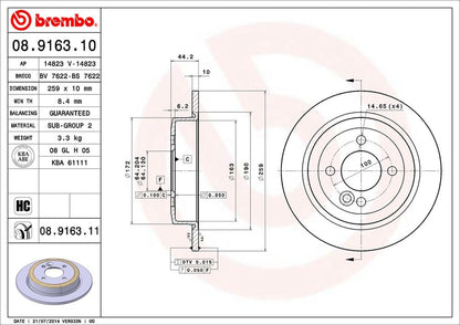 BREMBO 08916311C02 Brembo 08.9163.11 UV Coated solid Rear Brake Rotor MINI OE# 34211503070