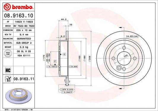 BREMBO 08916311C02 Brembo 08.9163.11 UV Coated solid Rear Brake Rotor MINI OE# 34211503070