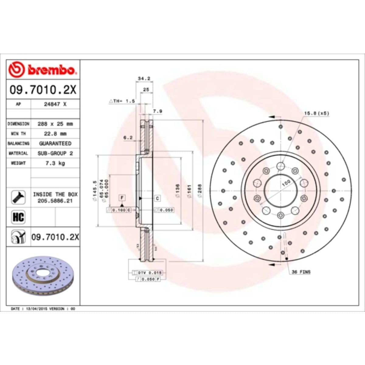 BREMBO 0970102XC02 Brembo 09.7010.2X Xtra UV Coated vented drilled Front Brake Rotor AUDI/SEAT/SKODA/SKODA (SVW)/VW/VW (FAW)/VW (SVW) OE# 6R0615301A