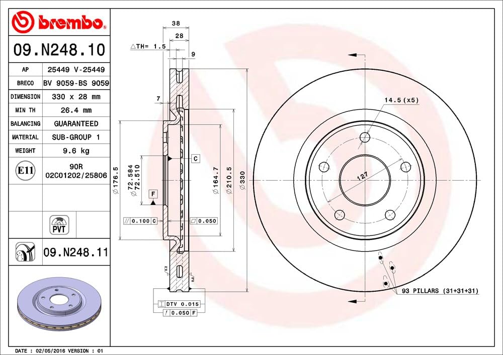 BREMBO 09N24811C02 Brembo 09.N248.11 UV Coated Pillar Vented Front Brake Rotor CHRYSLER/DODGE/FIAT/LANCIA/VW OE# 68227781AA