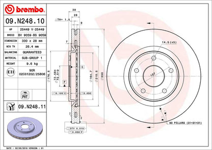 BREMBO 09N24811C02 Brembo 09.N248.11 UV Coated Pillar Vented Front Brake Rotor CHRYSLER/DODGE/FIAT/LANCIA/VW OE# 68227781AA