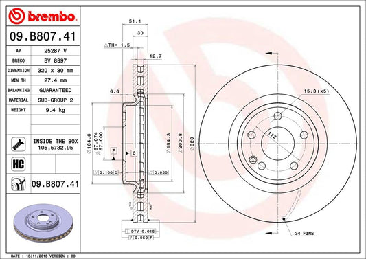 BREMBO 09B80741C02 Brembo 09.B807.41 UV Coated vented Front Brake Rotor MERCEDES-BENZ/MERCEDES-BENZ (BBDC) OE# A2464212612