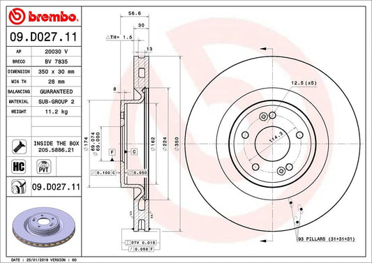 BREMBO 09D02711C02 Brembo 09.D027.11 UV Coated Pillar Vented Brake Rotor GENESIS/KIA OE# 51712J5550