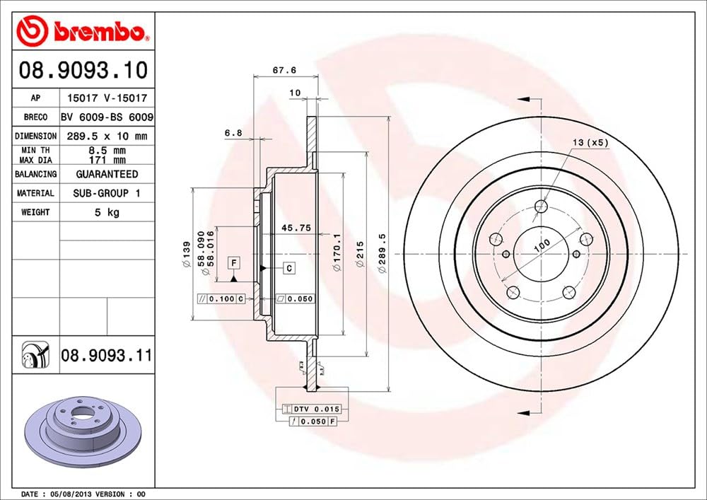 BREMBO 08909311C02 Brembo 08.9093.11 UV Coated solid Rear Brake Rotor SUBARU OE# 26700AE061