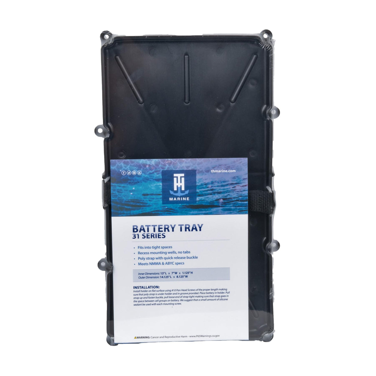 T-H MARINE NBH-31P-DP T-H Marine Narrow Battery Tray Holder - Space Saving Battery Storage Solution for Group 29 & 31 - NMMA Certified with Poly Strap & Quick Release Buckle - Ideal for Boats & RVs