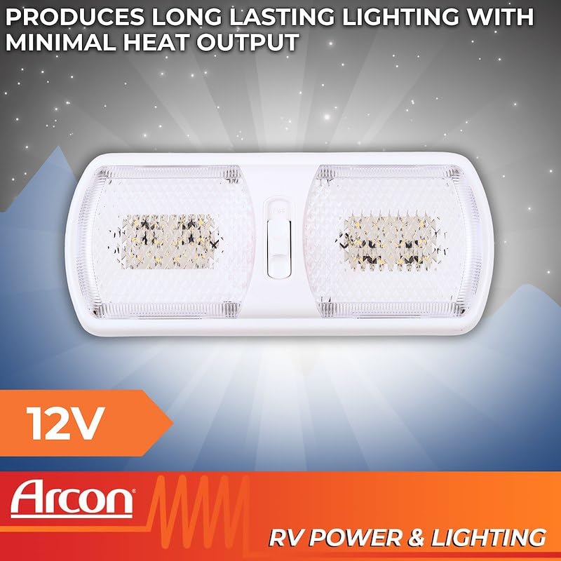 ARCON 20712N Arcon LED Double Ceiling Light 12V Soft White SMD Clear Lens 11.56 x 4.95 Inch Euro-Style Dome Lighting with On Off On Switch RV Camper Trailer Interior Light 20712N