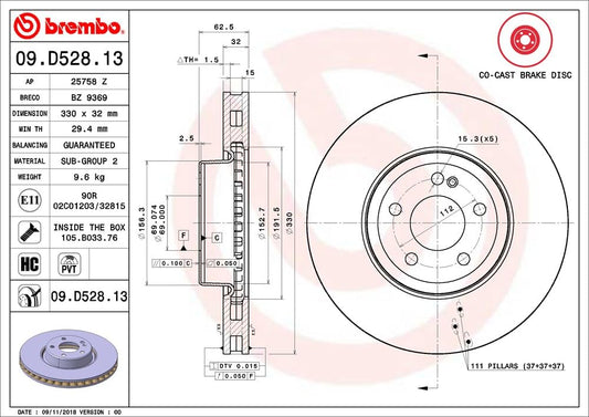 BREMBO 09D52813C02 Brembo 09.D528.13 Co-cast two piece UV Coated Pillar Vented Brake Rotor MERCEDES-BENZ/MERCEDES-BENZ (BBDC) OE# A0004212712