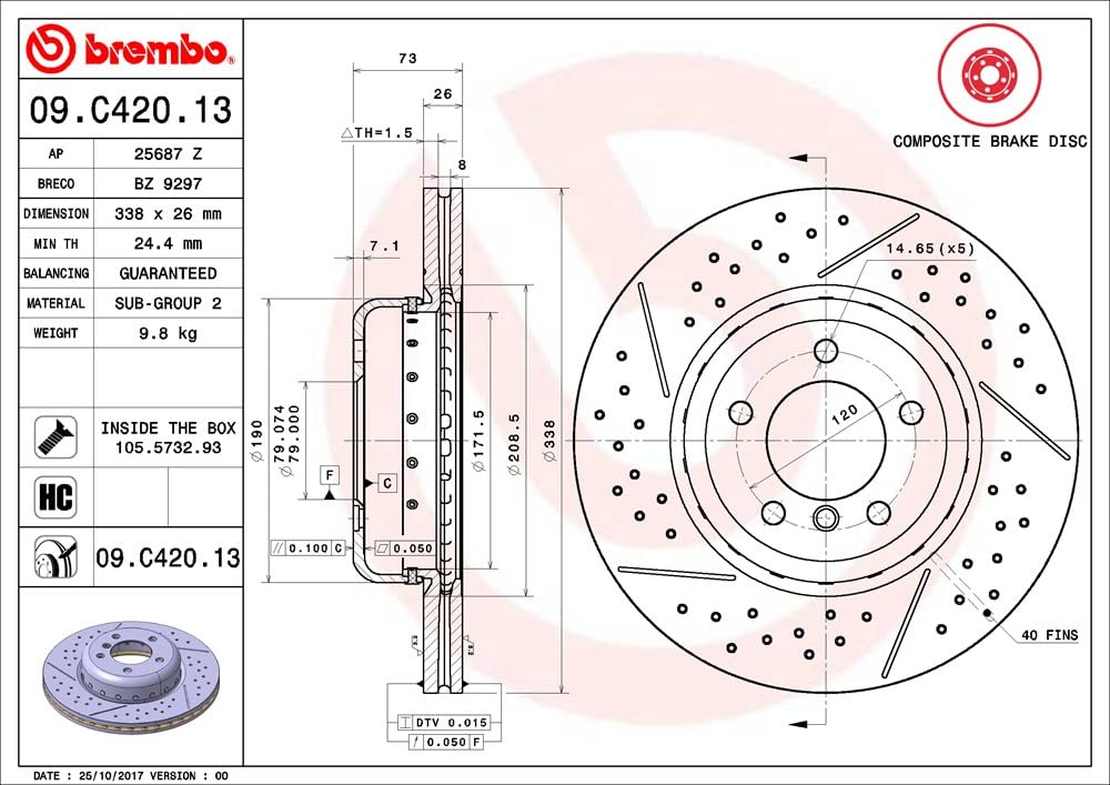 BREMBO 09C42013C02 Brembo 09.C420.13 Composite two piece UV Coated vented drilled + Slotted Front Brake Rotor BMW/BMW (BRILLIANCE) OE# 34116786392