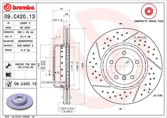 BREMBO 09C42013C02 Brembo 09.C420.13 Composite two piece UV Coated vented drilled + Slotted Front Brake Rotor BMW/BMW (BRILLIANCE) OE# 34116786392