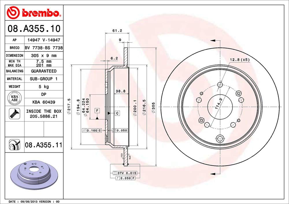 BREMBO 08A35511C02 Brembo 08.A355.11 UV Coated solid Rear Brake Rotor ACURA/HONDA/HONDA (DONGFENG) OE# 42510SCAE50