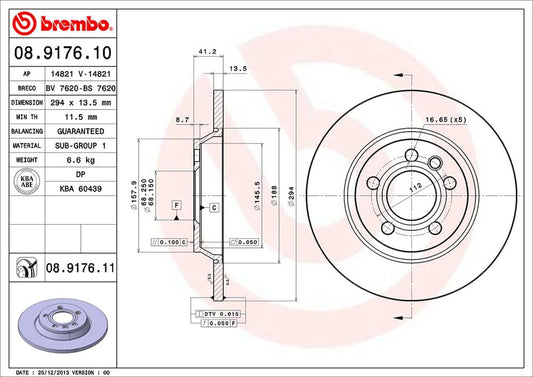 BREMBO 08917611C02 Brembo 08.9176.11 UV Coated solid Rear Brake Rotor FORD/SEAT/VW OE# 7D0615601C