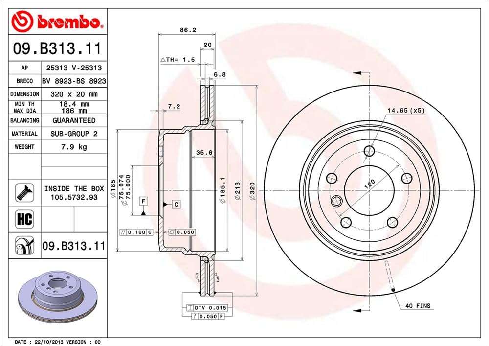 BREMBO 09.B313.11 Brembo 09.B313.11 UV Coated vented Rear Brake Rotor BMW OE# 34216763345