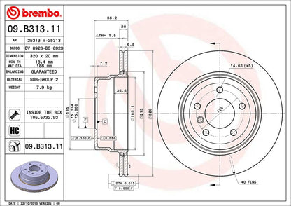 BREMBO 09.B313.11 Brembo 09.B313.11 UV Coated vented Rear Brake Rotor BMW OE# 34216763345