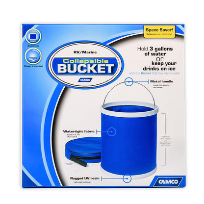 CAMCO 42993 Camco Collapsible Bucket with Storage Case- Durable Pop Up Bucket with Watertight Fabric, Holds 3 Gallons of Water - Great for RVs, Camping, Fishing, Boating, Hiking and More - Blue (42993), Blank Ski