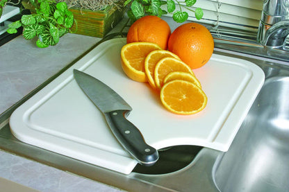 CAMCO 43857 Camco Camper/RV Sink Mate Cutting Board | Features Built-In Juice Groove & Cut Corner for Scrap Disposal | Designed w/Adjustable Rubber Feet for Different Sink Sizes | Expand Kitchen Workspace (43857)