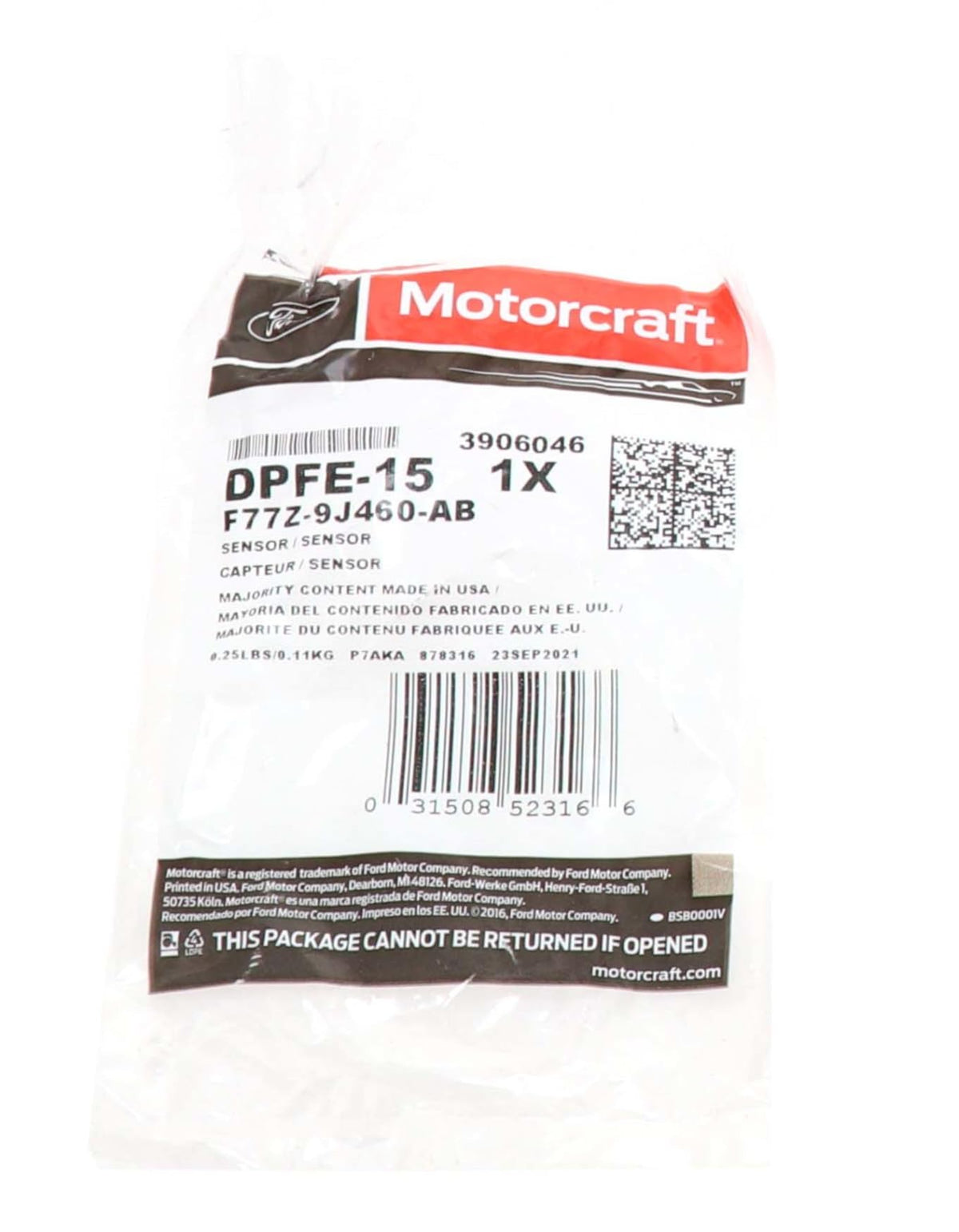 Motorcraft DPFE15 Exhaust Gas Recirculation (EGR) Pressure Sensor
