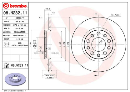 BREMBO 08N28211C02 Brembo 08.N282.11 UV Coated solid Brake Rotor CHRYSLER/JEEP/JEEP (GAC FCA) OE# 4779885AB