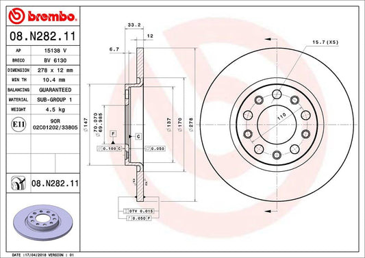 BREMBO 08N28211C02 Brembo 08.N282.11 UV Coated solid Brake Rotor CHRYSLER/JEEP/JEEP (GAC FCA) OE# 4779885AB