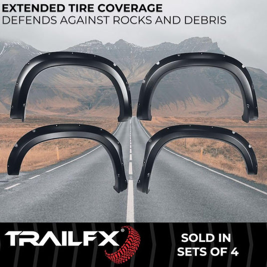 TRAILFX TFC3005S TrailFX TFC3005S Pocket Style Fender Flares for Chevrolet Silverado 1500 2019-2025 Black Smooth Paintable Polypropylene Set of 4 with Stainless and Black Steel Rivets