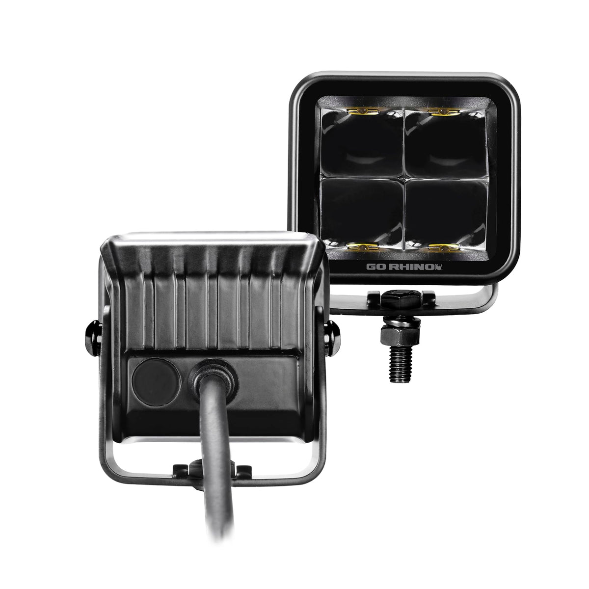 GO RHINO 750200321SCS Go Rhino Xplor Lighting: Blackout Series 2x2 LED Cube Spot Light Kit (Pair) – Surface Mount (Threaded Stud Mount) Aluminum, Black – 750200321SCS