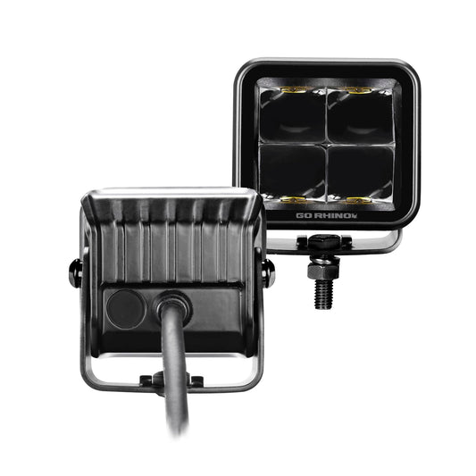 GO RHINO 750200321SCS Go Rhino Xplor Lighting: Blackout Series 2x2 LED Cube Spot Light Kit (Pair) – Surface Mount (Threaded Stud Mount) Aluminum, Black – 750200321SCS