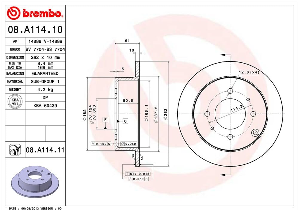 BREMBO 08A11411C02 Brembo 08.A114.11 UV Coated solid Rear Brake Rotor HYUNDAI/HYUNDAI (BEIJING)/KIA/KIA (DYK) OE# 5841138310