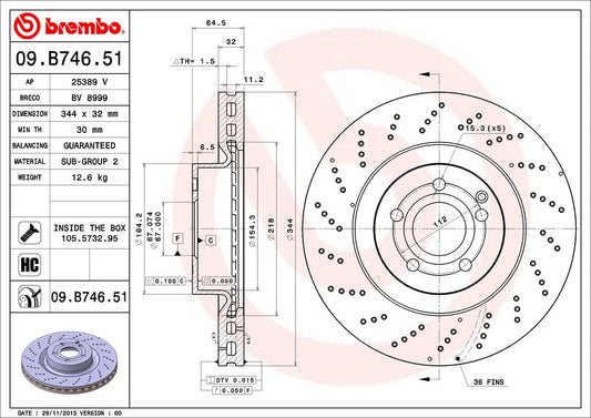 BREMBO 09B74651C02 Brembo 09.B746.51 UV Coated vented drilled Front Brake Rotor MERCEDES-BENZ/MERCEDES-BENZ (BBDC) OE# A0004211512