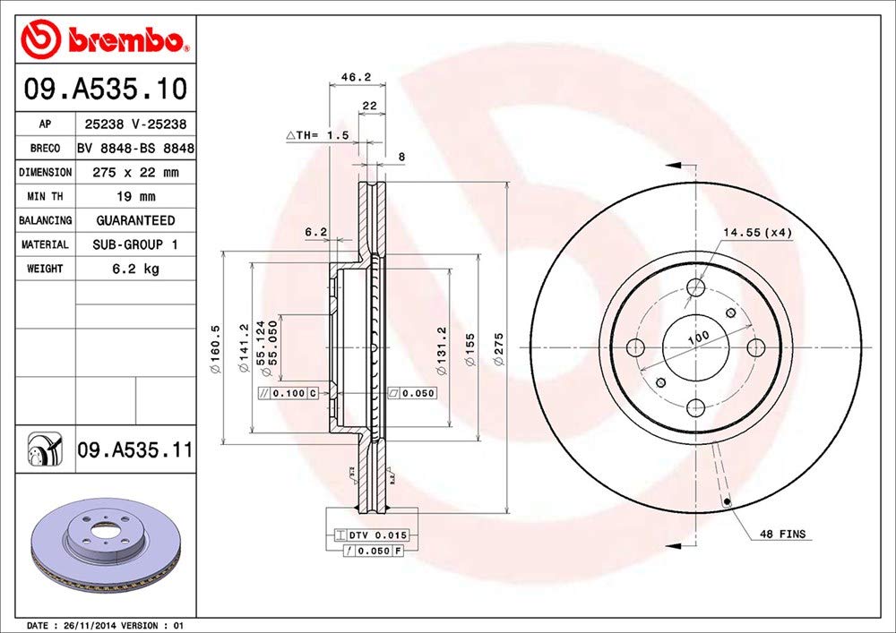 BREMBO 09A53511C02 Brembo 09.A535.11 UV Coated vented Front Brake Rotor TOYOTA/TOYOTA (FAW)/TOYOTA (GAC) OE# 4351252130
