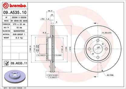 BREMBO 09A53511C02 Brembo 09.A535.11 UV Coated vented Front Brake Rotor TOYOTA/TOYOTA (FAW)/TOYOTA (GAC) OE# 4351252130