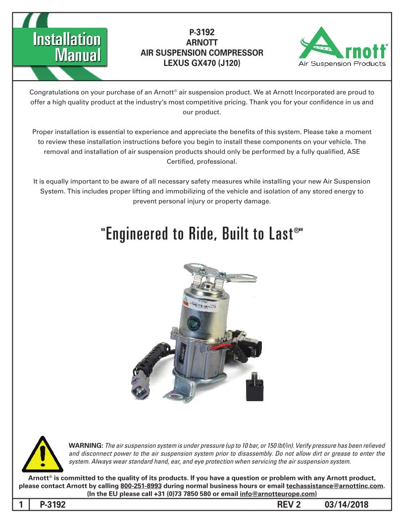 ARNOTT P-3192 Oes Air Suspension Compressor- 03-09 Toyota 4Runner (N210)/ Lexus Gx 470 (J120)
