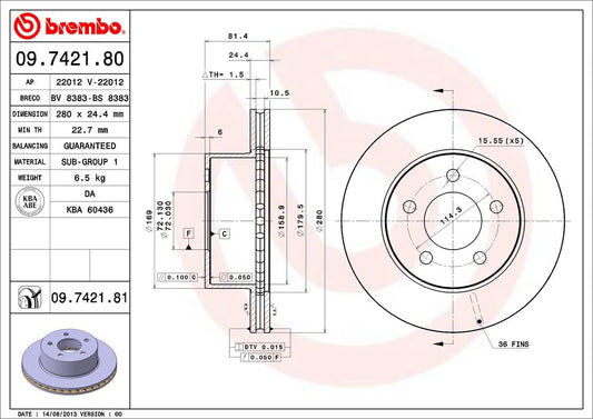 BREMBO 09742181C02 Brembo 09.7421.81 UV Coated vented Front Brake Rotor JEEP/JEEP (BJC) OE# 52008440