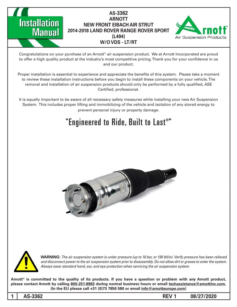 ARNOTT AS-3362 Arnott - Front Eibach Air Strut -14-18 Land Rover Range Rover Sport (L494) w/o VDS (AS-3362)