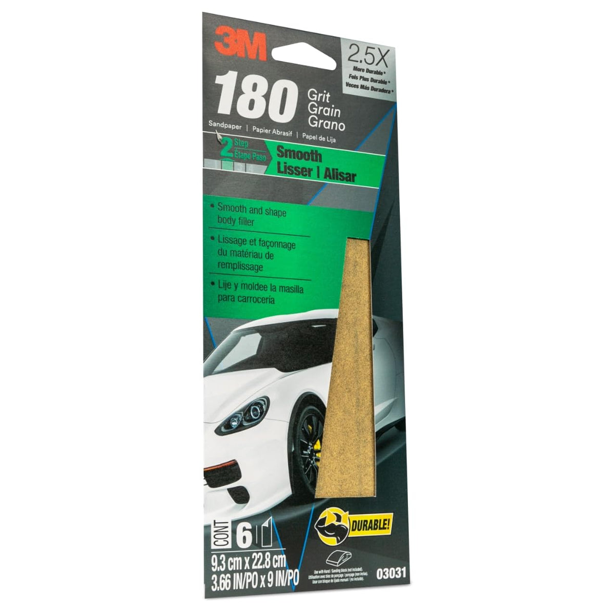 3M 03031 3M Sandpaper, 03031, 180 Grit, 3 2/3 in x 9 in, 6 Sheets