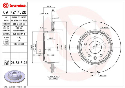 BREMBO 09721721C02 Brembo 09.7217.21 UV Coated vented Rear Brake Rotor DAIMLER/JAGUAR OE# C2C41251