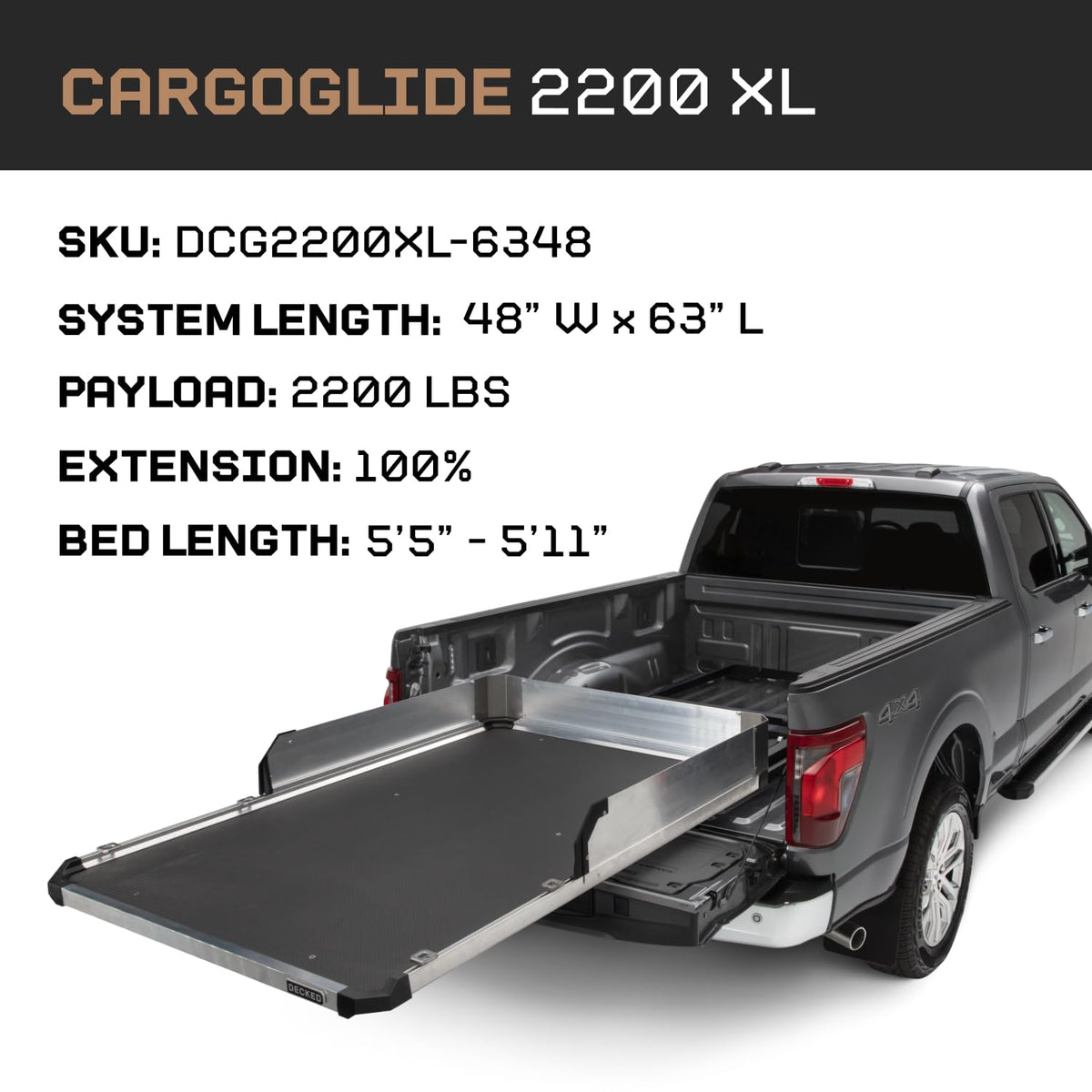 Decked DCG2200XL-6348 CargoGlide XL Truck Bed Slide – 2200 lb Capacity, 100% Extension – Heavy-Duty Pickup Cargo Slide for Easy Bed Access – Compatible with CargoGlide 2200XL / 100% / 48" W / 63" L for Fullsize - Short