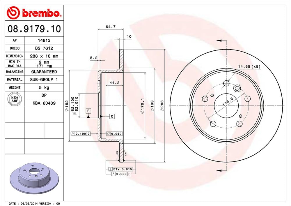 BREMBO 08917910C02 Brembo 08.9179.10 Standard solid Rear Brake Rotor LEXUS/TOYOTA OE# 4243133030