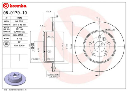 BREMBO 08917910C02 Brembo 08.9179.10 Standard solid Rear Brake Rotor LEXUS/TOYOTA OE# 4243133030