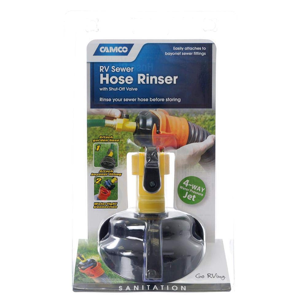 CAMCO 39533 Camco RV Sewer Hose Rinse Cap | Features a Convenient Shut-Off Valve for Water Flow Control, Firmly Locks onto the RV Sewer Hose Bayonet Fitting, and Rinses RV Sewer Hose Before Storage (39533)