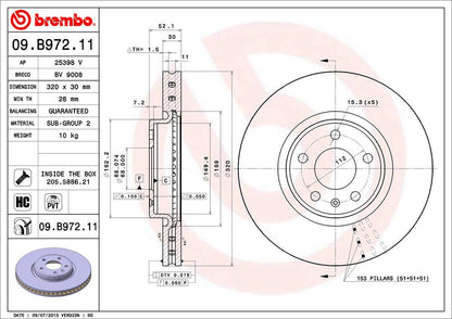 BREMBO 09B97211C02 Brembo 09.B972.11 UV Coated Pillar Vented Front Brake Rotor AUDI/AUDI (FAW)/VW (SVW) OE# 8R0615301