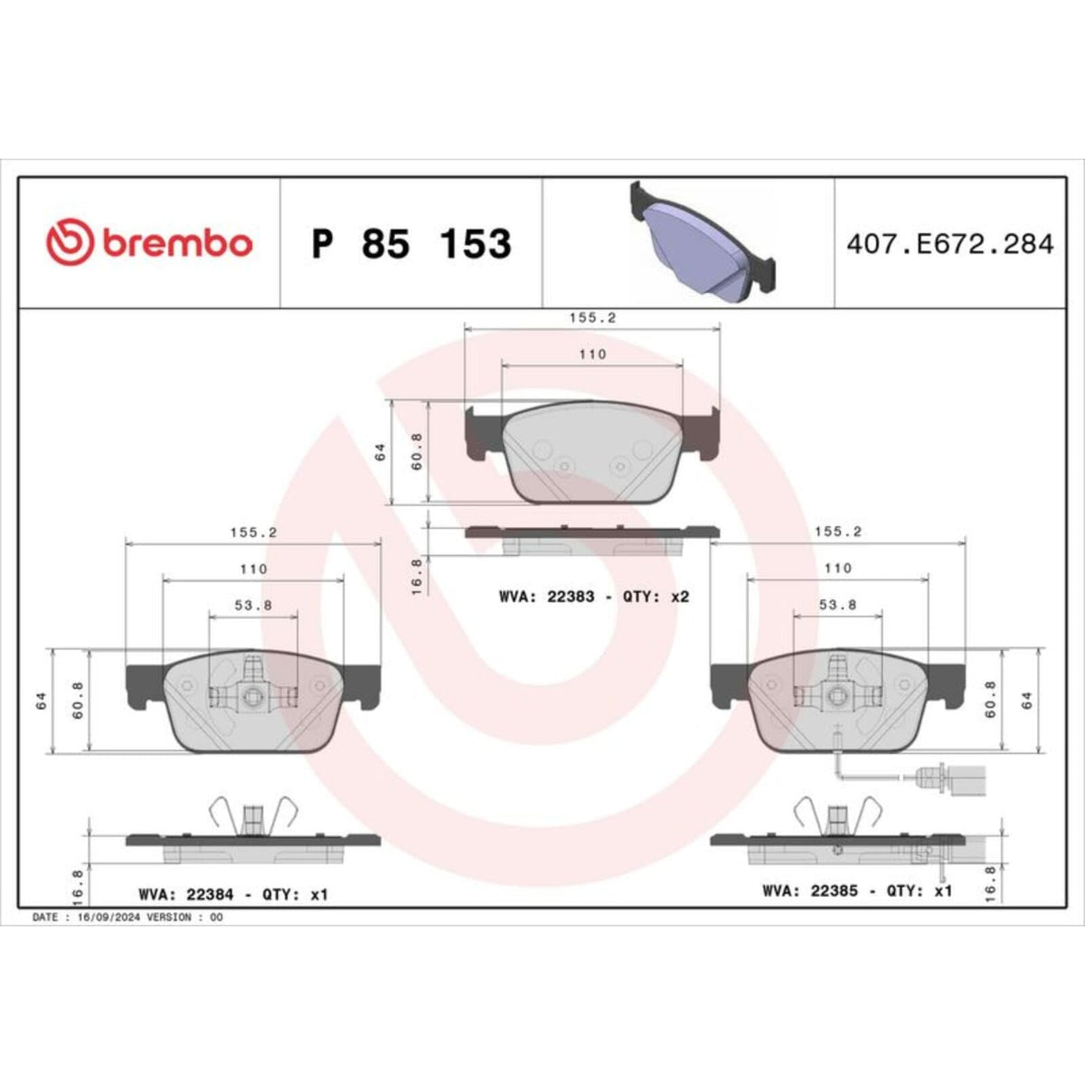BREMBO P85153 Brembo P85153 Low-Met Front Disc Brake Pad Set AUDI OE# 8W0698151Q