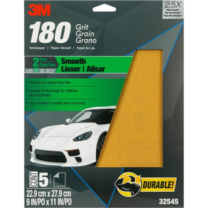 3M 32545 3M Sandpaper, 180 Grit, 5 Sheets, 9 in x 11 in, Longer Lasting Super Strong Abrasive, Great For Smoothing Body Filler, Shaping Glaze & Spot Putty, For Hand Or Machine Sanding (32545)