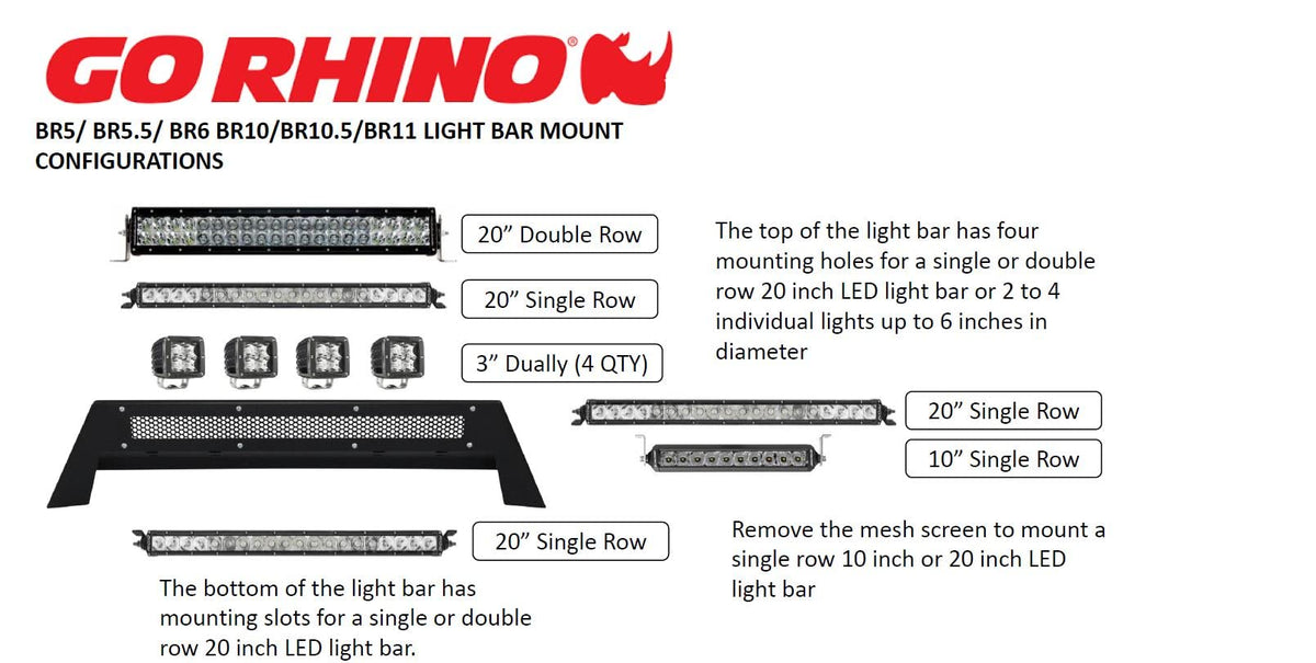 GO RHINO 26573T Go Rhino BR5.5 / BR6 Light Mount Bar | Mild Steel, Textured Black | 26573T | Fits Go Rhino BR6 Front Bumper (24131T)