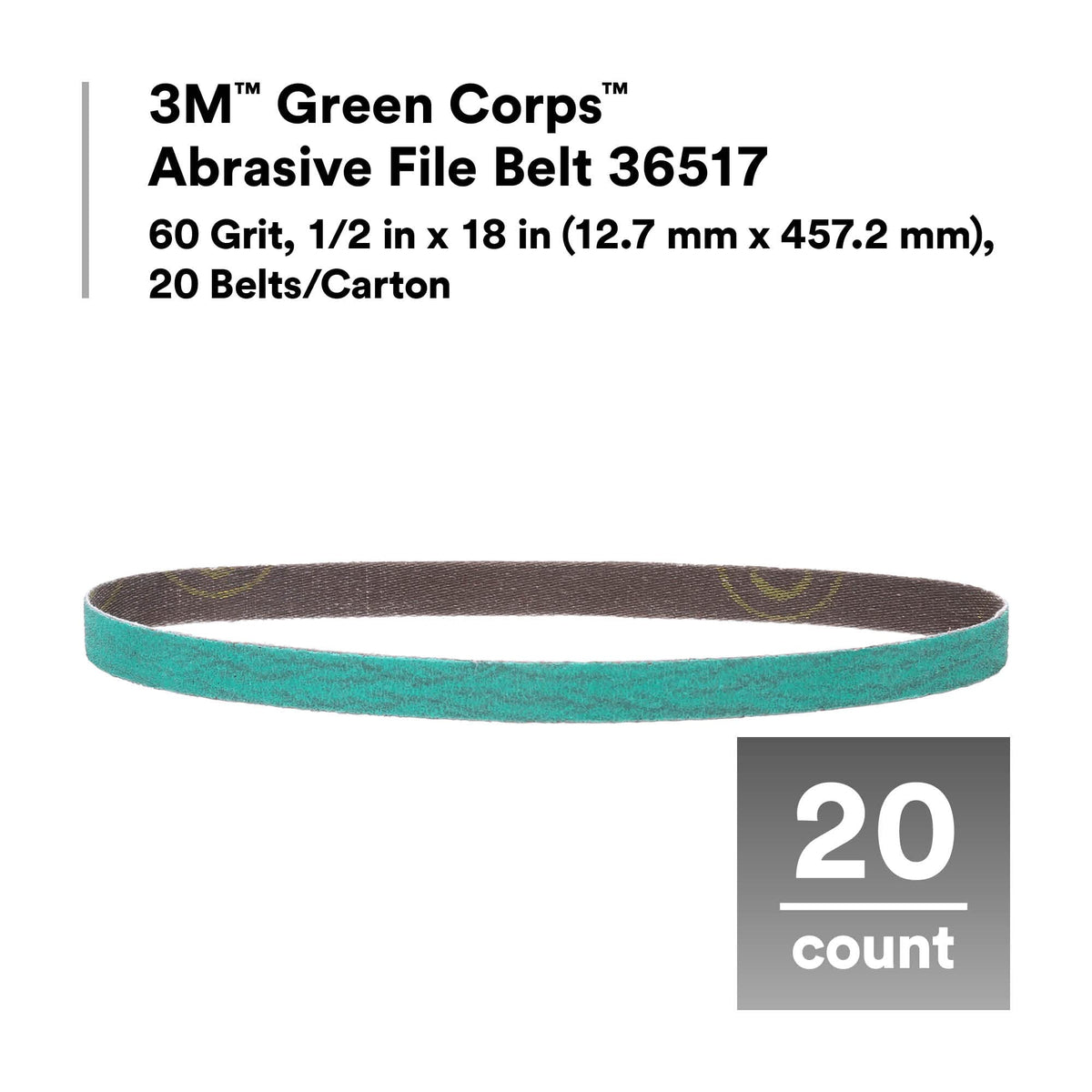 3M 36516 3M Green Corps Abrasive File Belt, 36516, 40 Grit, 1/2 in x 18 in