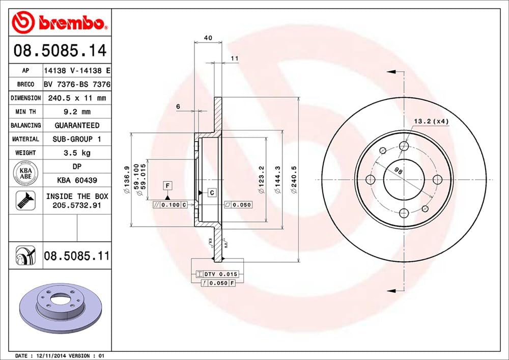 BREMBO 08508511C02 Brembo 08.5085.11 UV Coated solid Front/Rear Brake Rotor ABARTH/ALFA ROMEO/FIAT/FORD/LANCIA/YUGO OE# 7663465