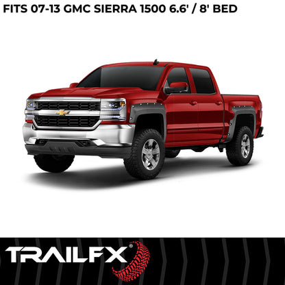 TRAILFX TFG3001S TrailFX Fender Flares Fits GMC Sierra 1500 2007-2013 Pocket Style Black Smooth Paintable Plastic Set of 4 Fender Flares with Stainless and Black Steel Rivets TrailFX TFG3001S